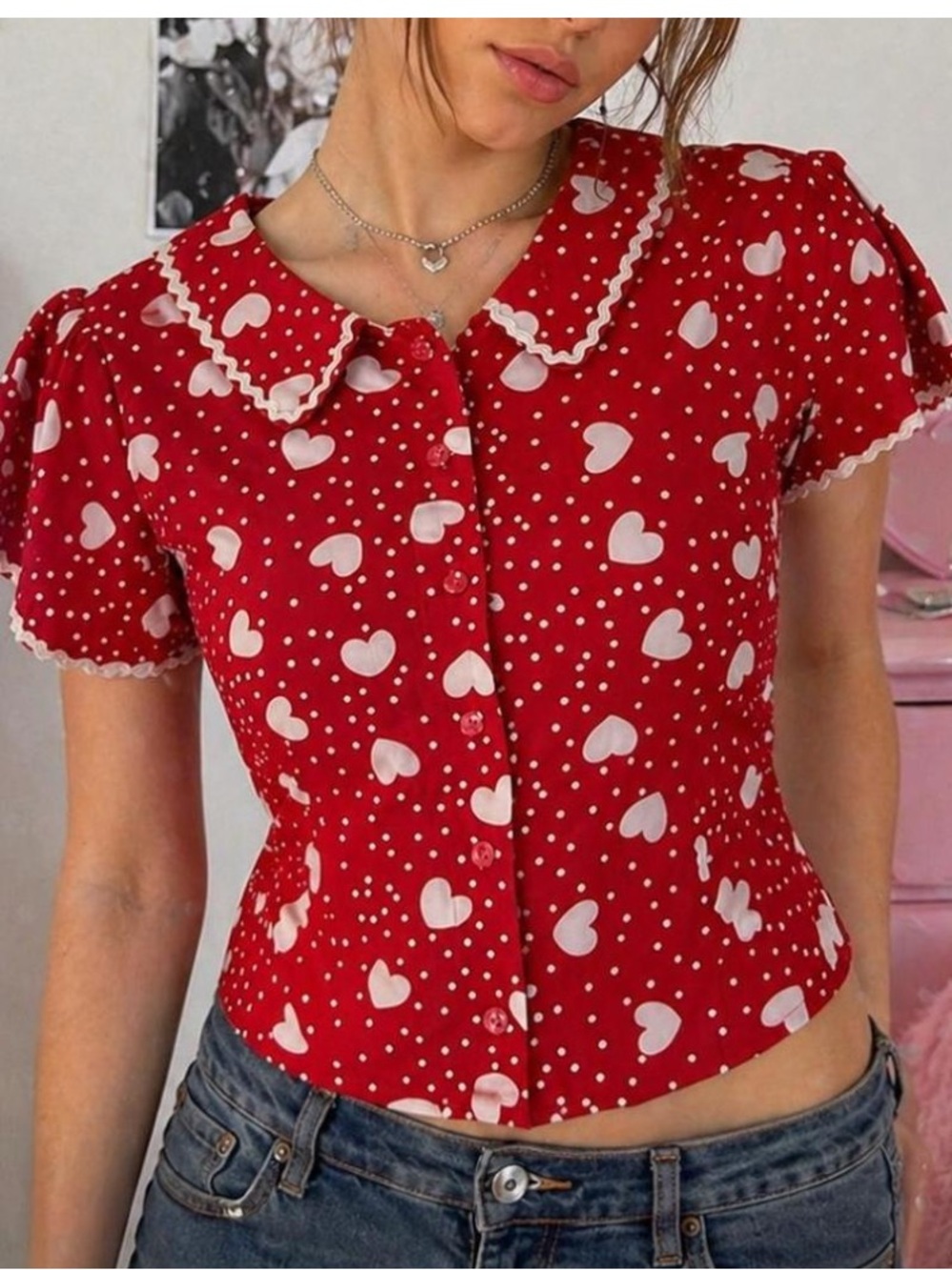 Tulip B Red Fluttered Sleeve Top With White Polka Dot & Hearts Top. Sz XL